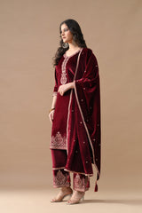 Maroon Embroidered Velvet Kurta Set