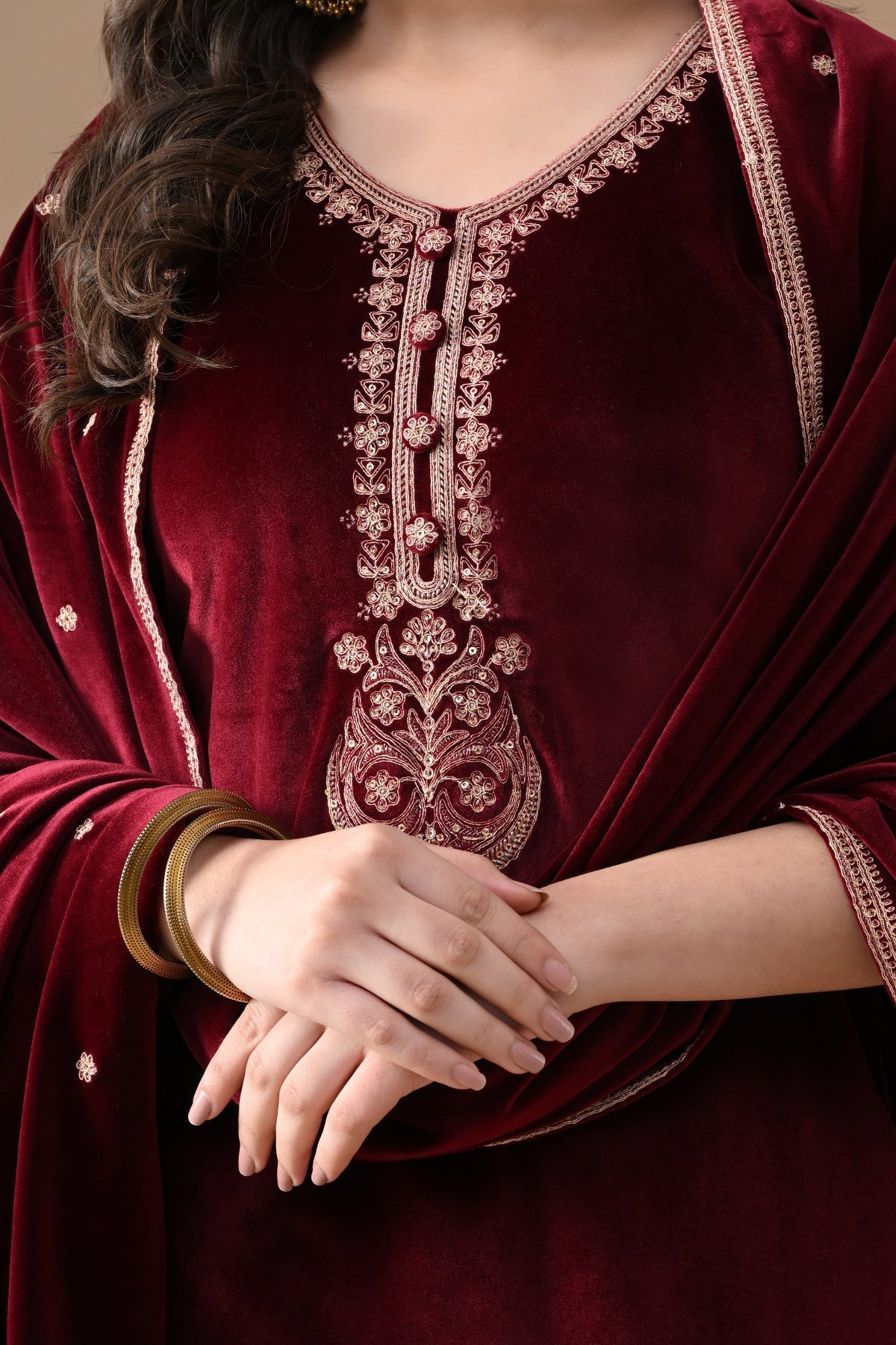 Maroon Embroidered Velvet Kurta Set