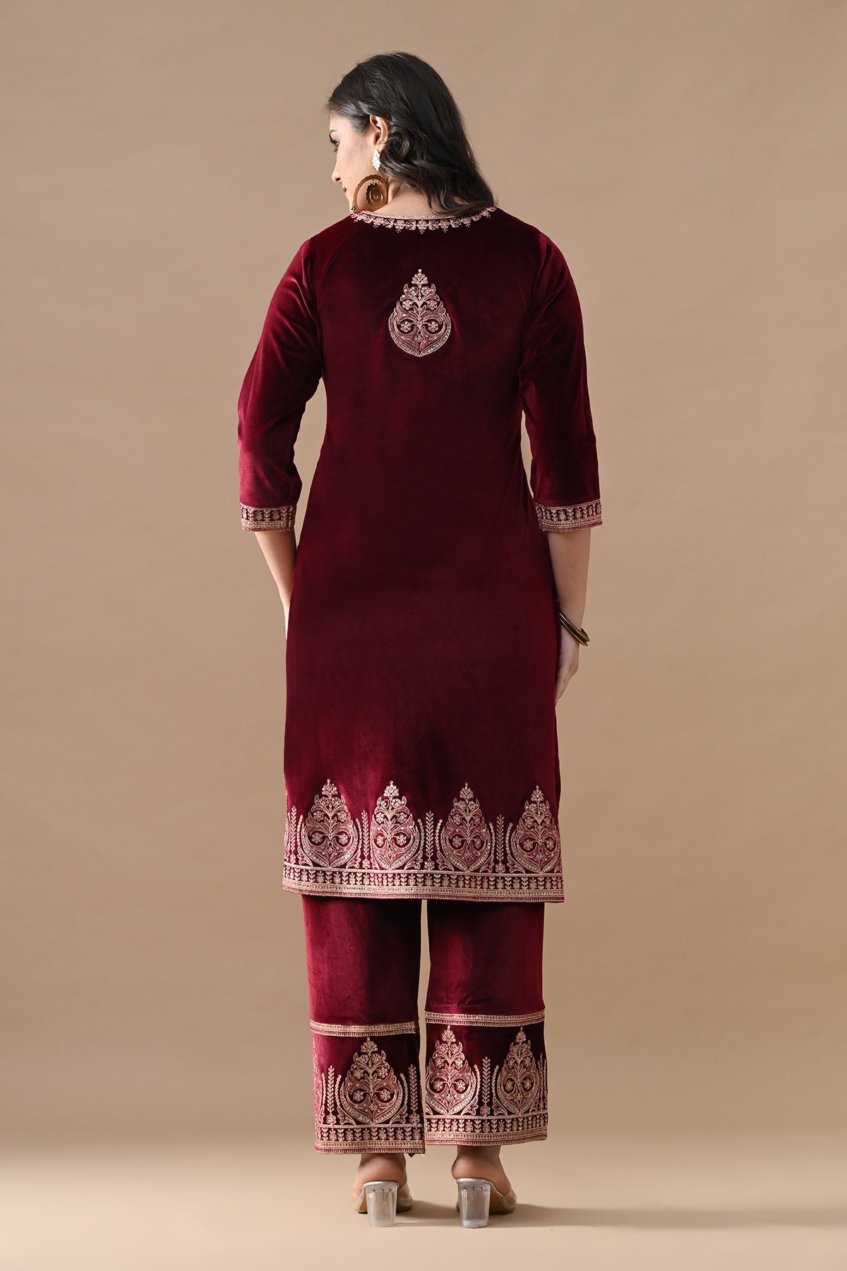Maroon Embroidered Velvet Kurta Set