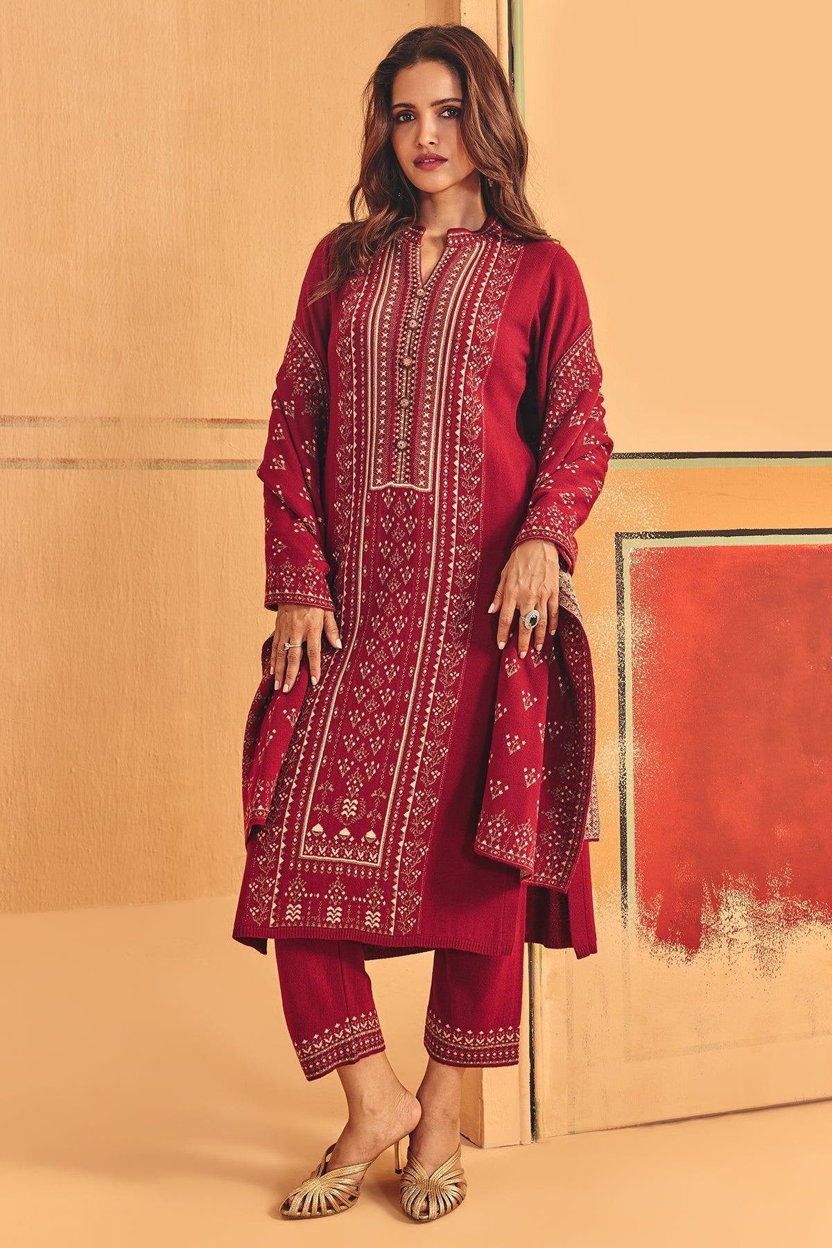 Winter Red Self Design Woven Kurta Set