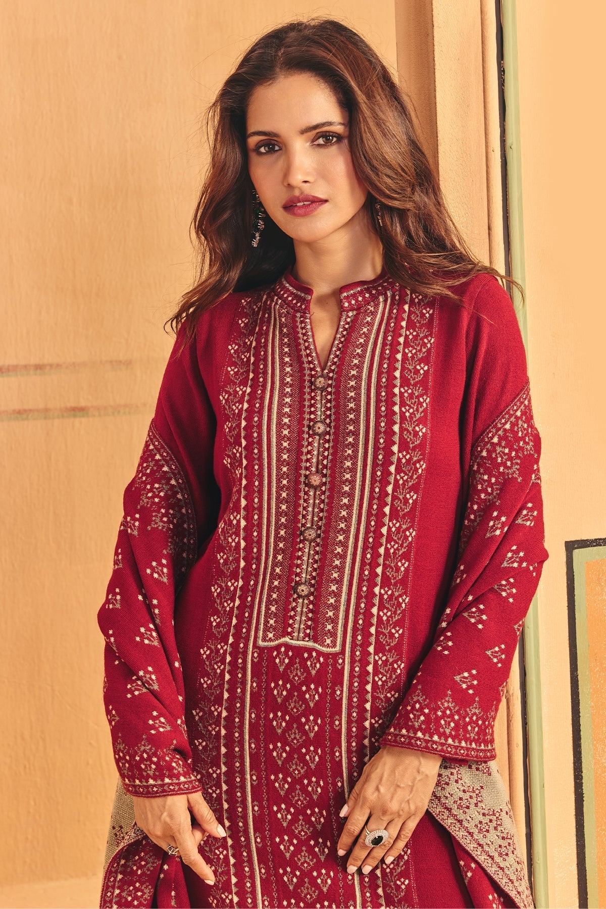 Winter Red Self Design Woven Kurta Set