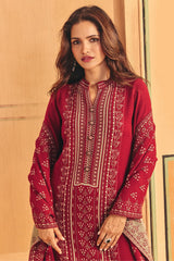 Winter Red Self Design Woven Kurta Set