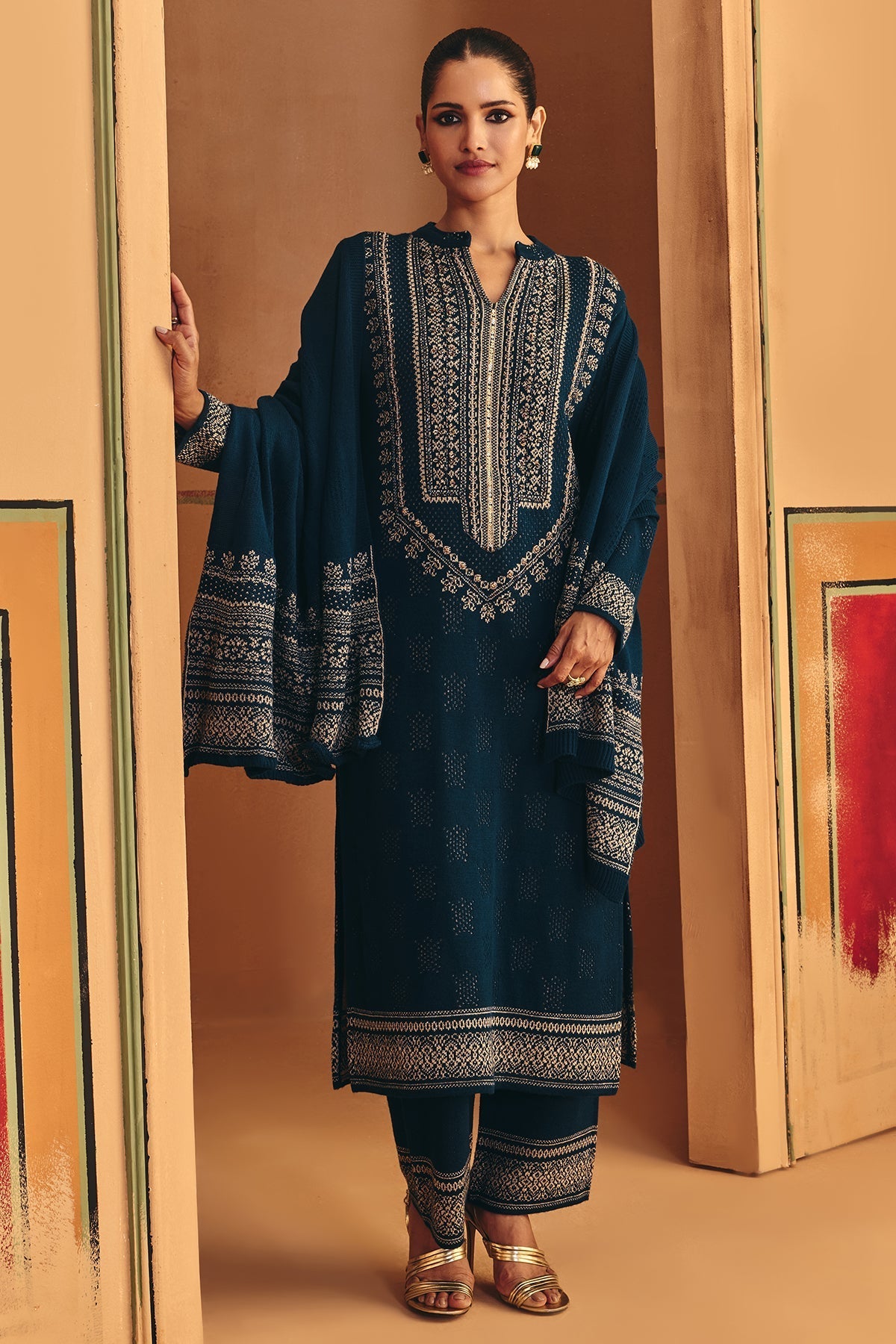 Winter Blue Beads Embroidery Ethnic Motifs Woven Kurta Set