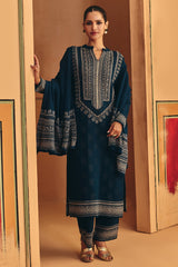 Winter Blue Beads Embroidery Ethnic Motifs Woven Kurta Set