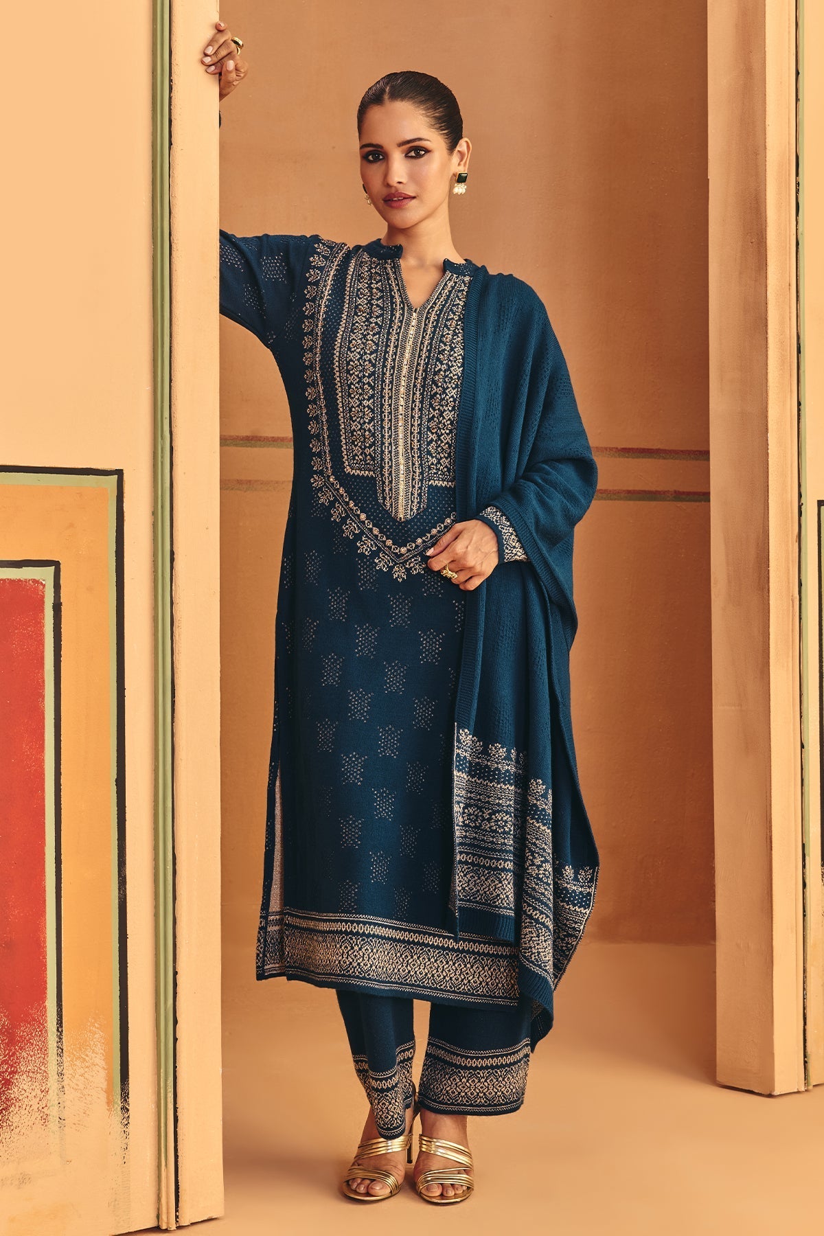 Winter Blue Beads Embroidery Ethnic Motifs Woven Kurta Set