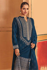 Winter Blue Beads Embroidery Ethnic Motifs Woven Kurta Set