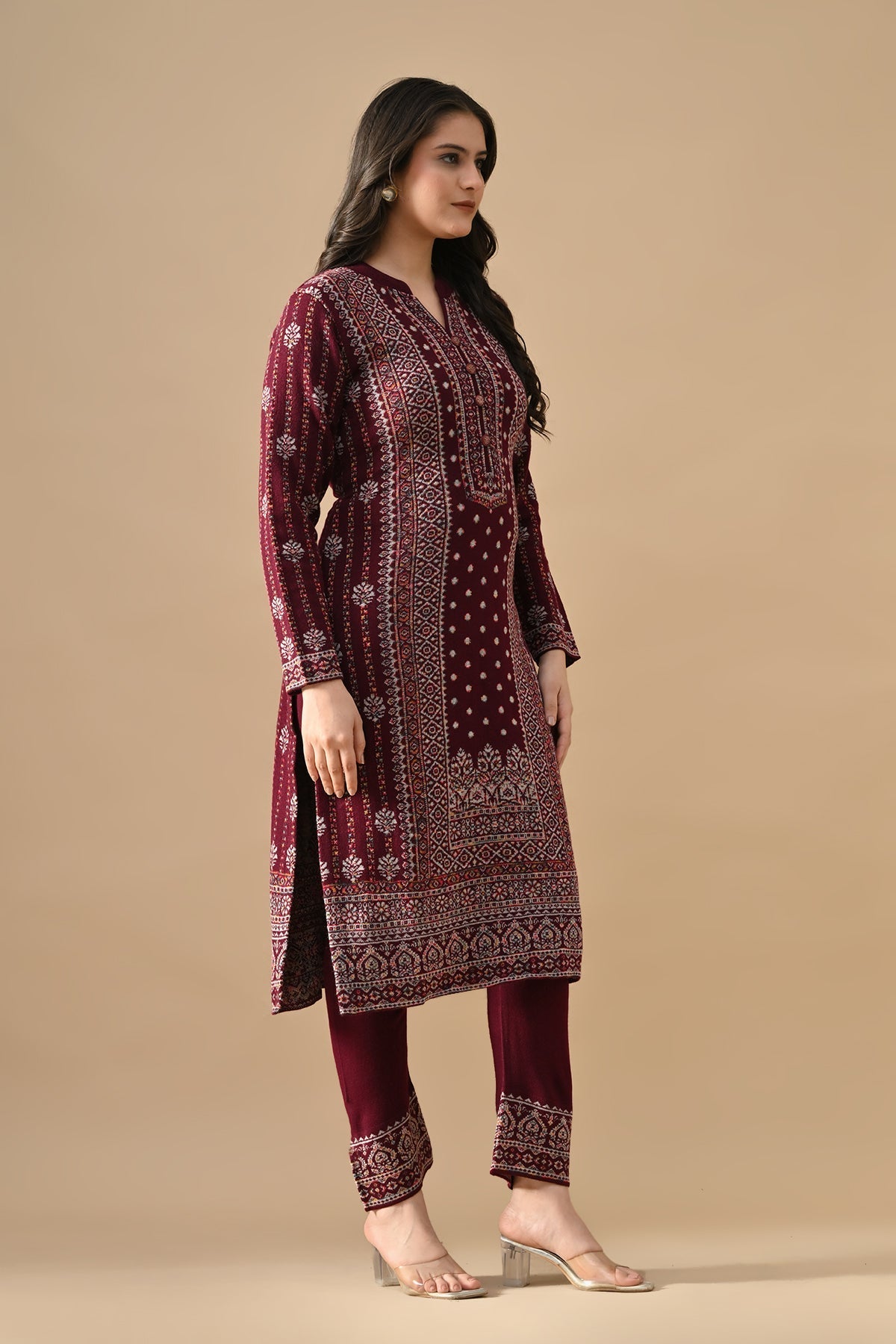 Winter Wine Self Design Ethnic Motifs Woven Kurta Set