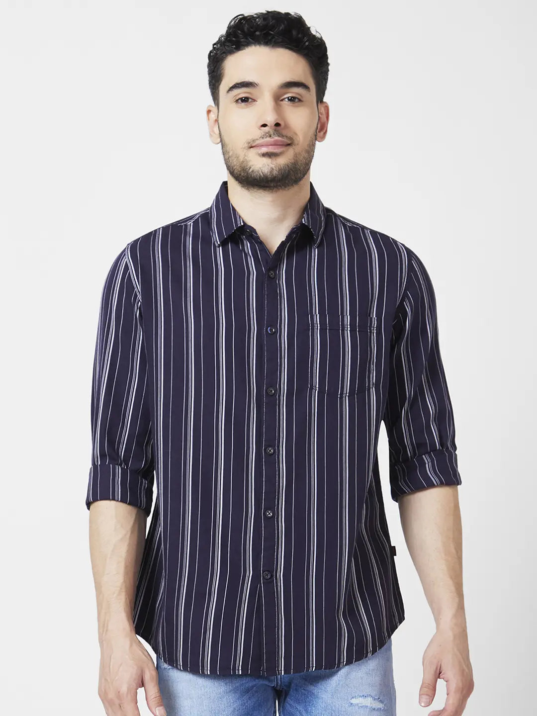 Spykar Mens Casual Shirt F/S Mshst2Bc024 Navy Blue