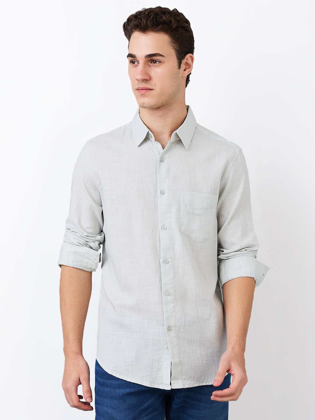 Spykar Mens Casual Shirt H/S Mshsos1Be198 Silver Grey