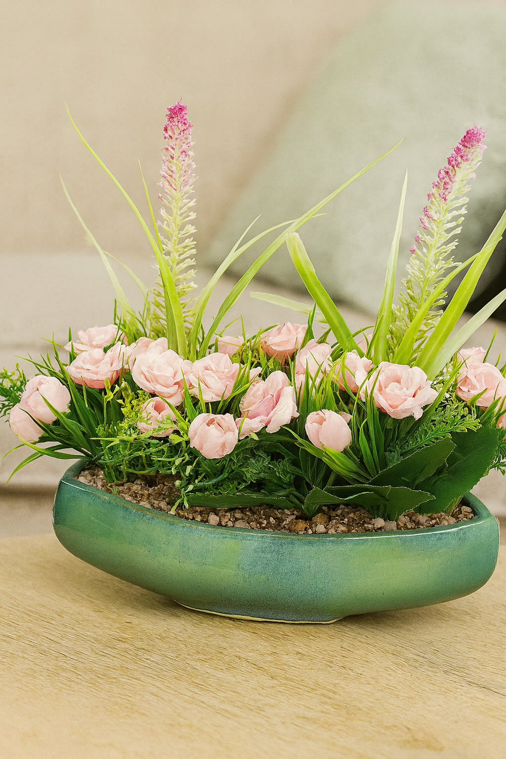 Elegant Faux Pink Rose & Lavender Arrangement in Modern Green Planter – Statement Centerpiece