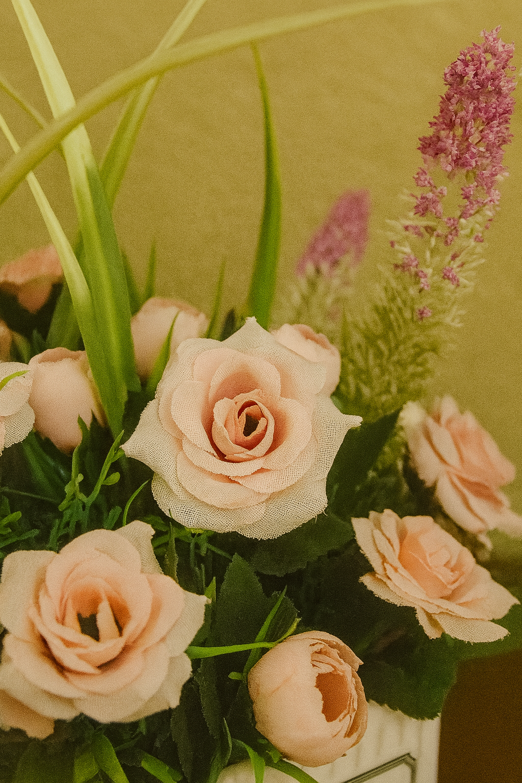 Elegant Faux Pink Rose & Lavender Arrangement in Modern Green Planter – Statement Centerpiece