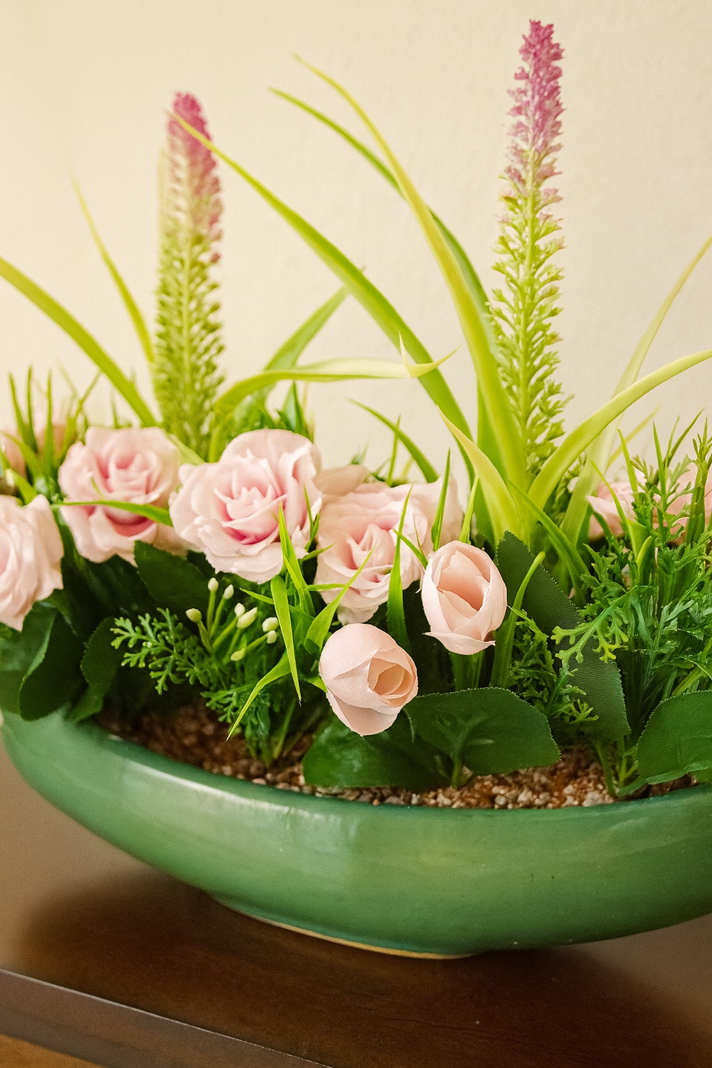 Elegant Faux Pink Rose & Lavender Arrangement in Modern Green Planter – Statement Centerpiece
