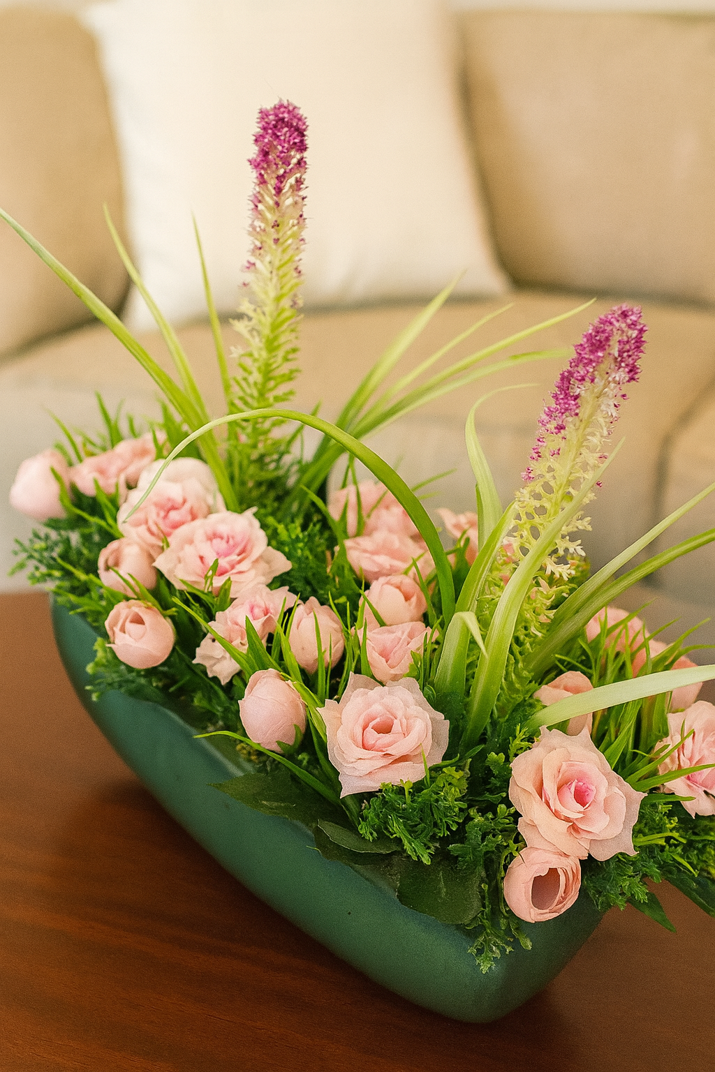 Elegant Faux Pink Rose & Lavender Arrangement in Modern Green Planter – Statement Centerpiece