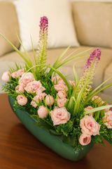 Elegant Faux Pink Rose & Lavender Arrangement in Modern Green Planter – Statement Centerpiece