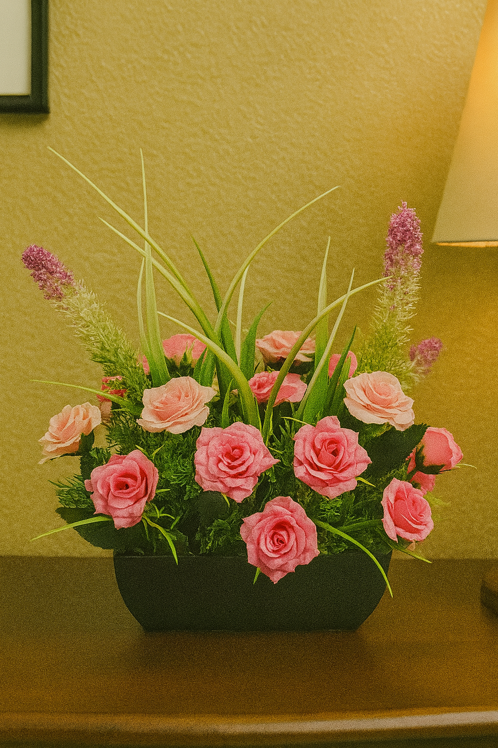 Vibrant Faux Hot Pink Rose & Lavender Arrangement In Modern Dark Planter – Bold Centerpiece