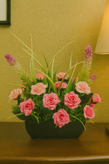 Vibrant Faux Hot Pink Rose & Lavender Arrangement In Modern Dark Planter – Bold Centerpiece