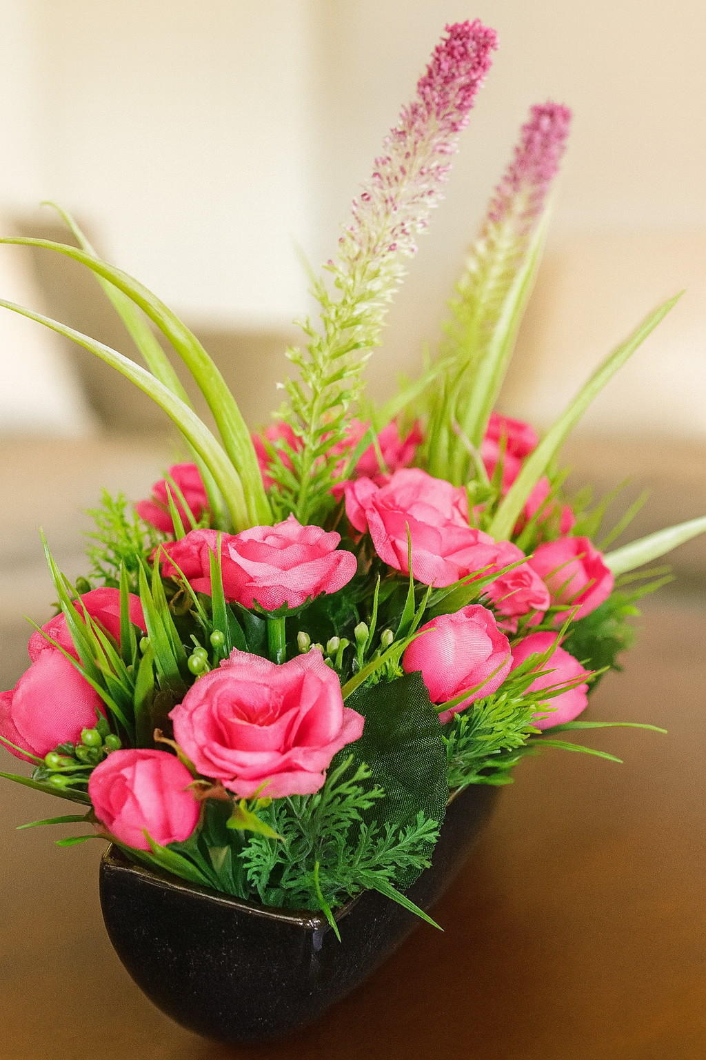 Vibrant Faux Hot Pink Rose & Lavender Arrangement In Modern Dark Planter – Bold Centerpiece