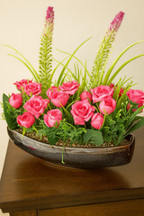 Vibrant Faux Hot Pink Rose & Lavender Arrangement In Modern Dark Planter – Bold Centerpiece