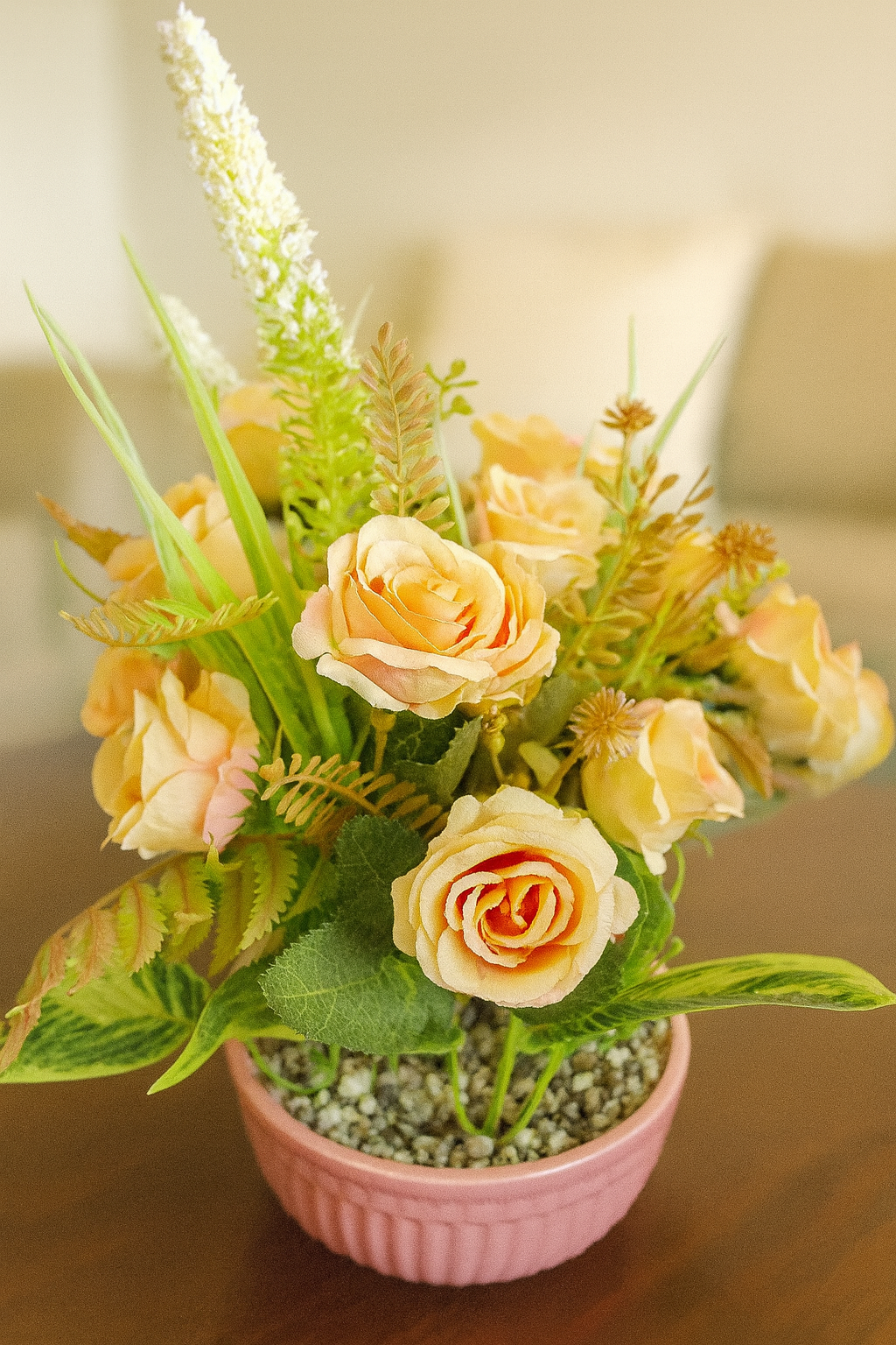 Delicate Faux Peach Rose & White Lavender Arrangement in Ribbed Pink Pot – Charming Home Decor