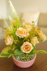 Delicate Faux Peach Rose & White Lavender Arrangement in Ribbed Pink Pot – Charming Home Decor