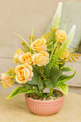 Delicate Faux Peach Rose & White Lavender Arrangement in Ribbed Pink Pot – Charming Home Decor