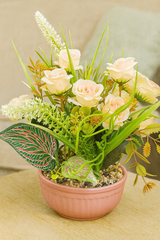 Romantic Faux Blush Rose Arrangement In Pink Ribbed Pot With Exotic Foliage – Modern Accent Decor