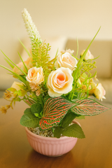 Romantic Faux Blush Rose Arrangement In Pink Ribbed Pot With Exotic Foliage – Modern Accent Decor