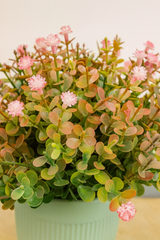 Compact Faux Pink Bloom & Mixed Foliage Topiary in Sage Green Pot – Cheerful Desktop Accent