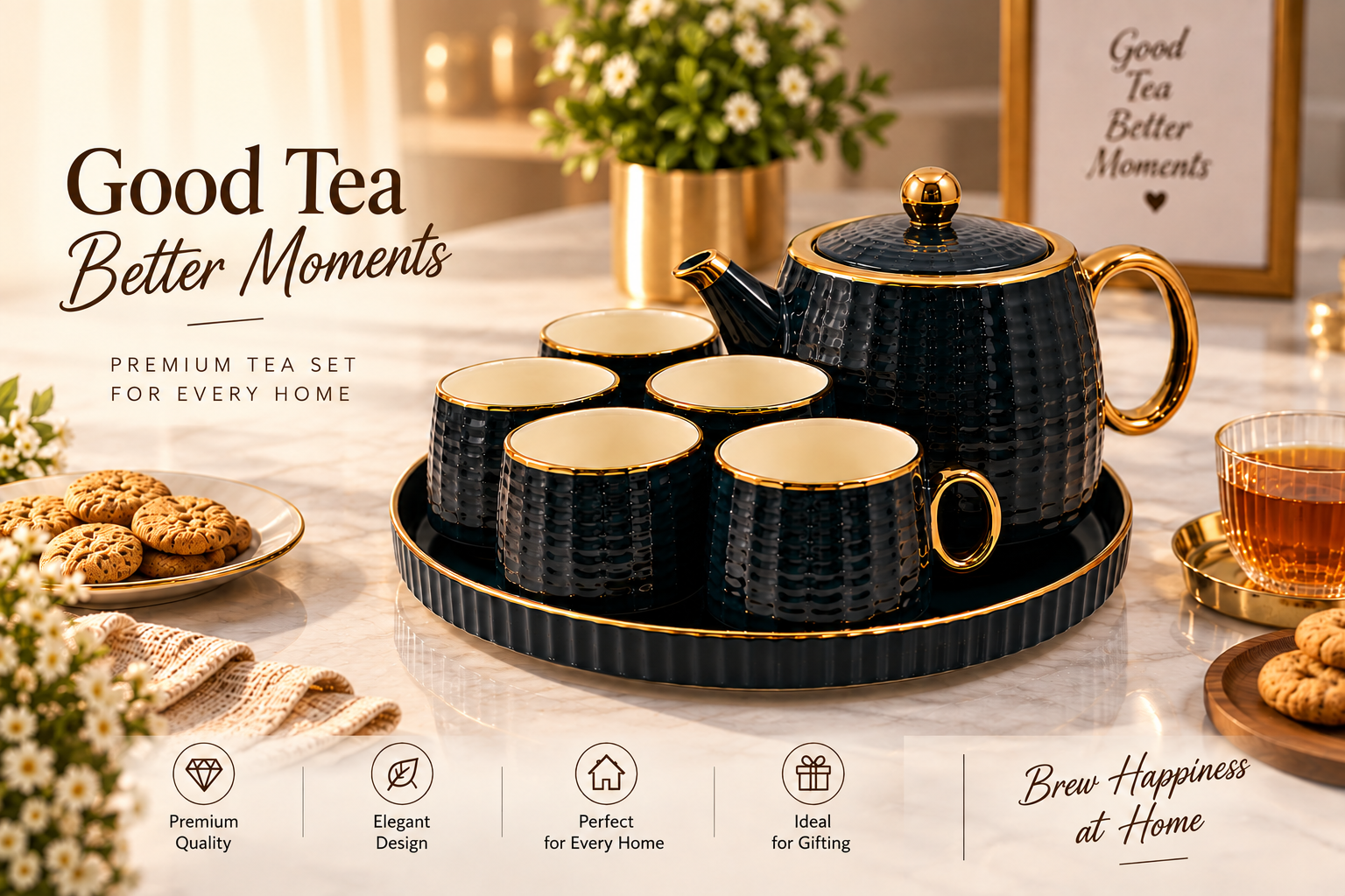 Lyte Club Premium Black & Gold Tea Set with Teapot & Tray