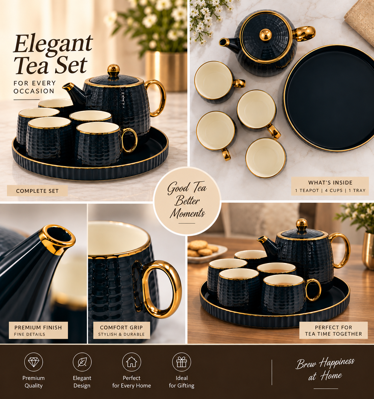 Lyte Club Premium Black & Gold Tea Set with Teapot & Tray