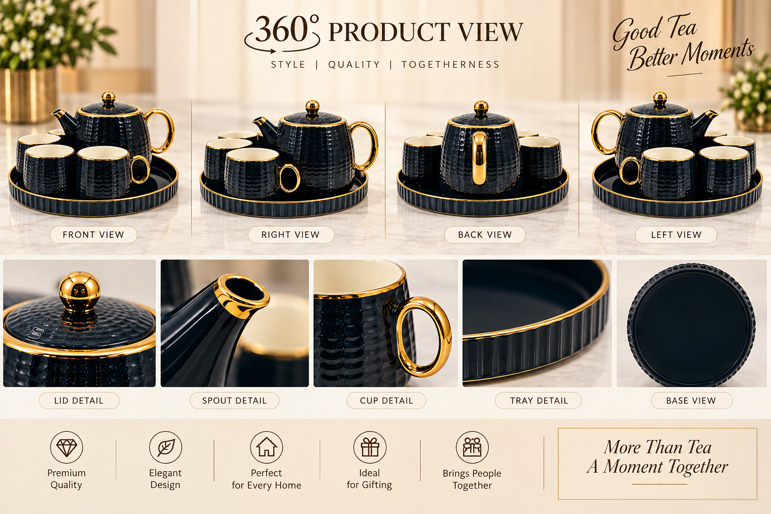 Lyte Club Premium Black & Gold Tea Set with Teapot & Tray