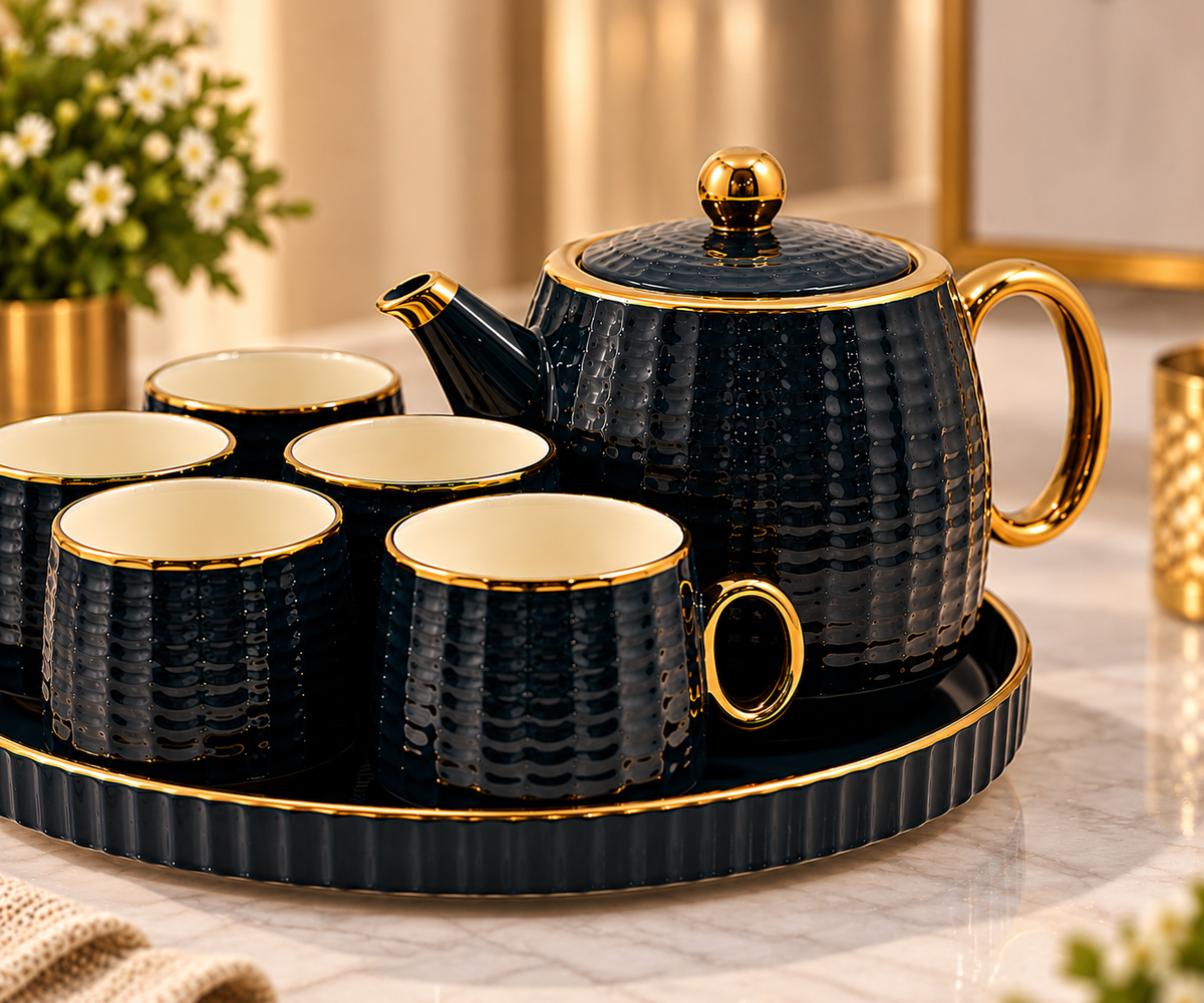 Lyte Club Premium Black & Gold Tea Set with Teapot & Tray