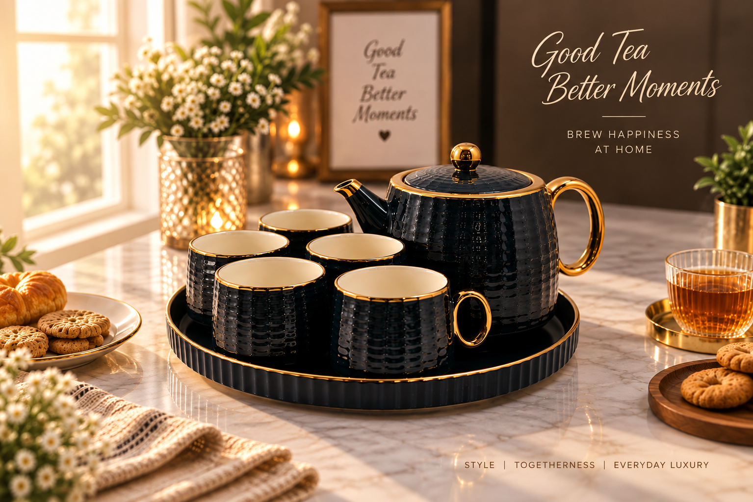 Lyte Club Premium Black & Gold Tea Set with Teapot & Tray