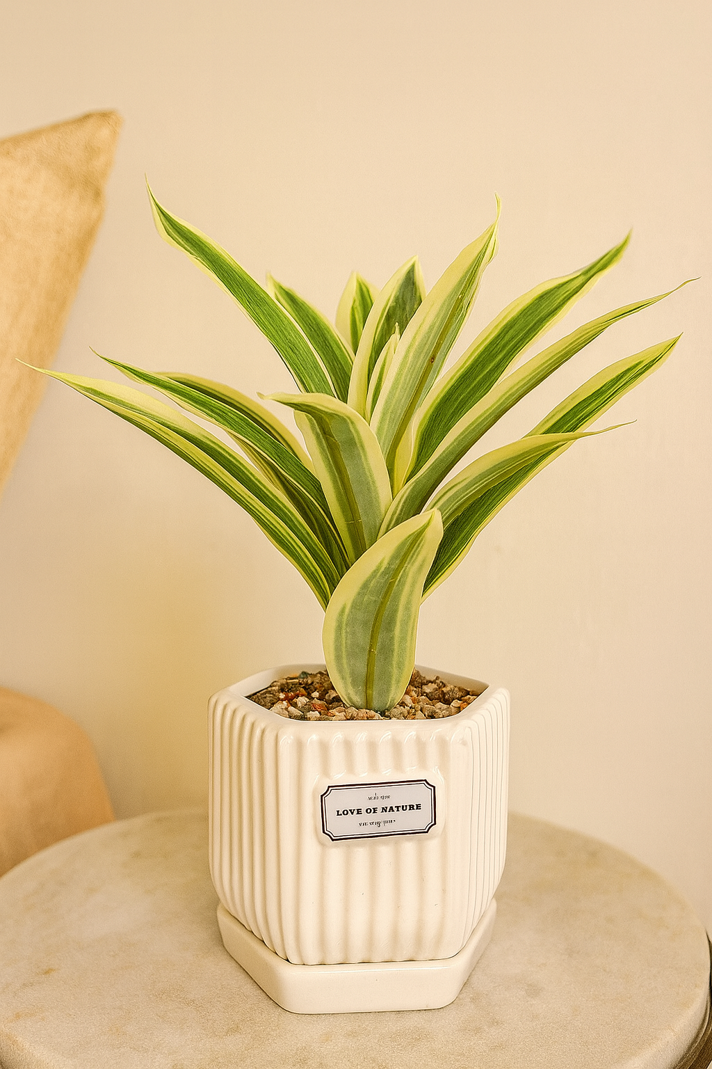Elegant Faux Variegated Snake Plant in White Ceramic Geometric Pot – Modern Indoor Decor