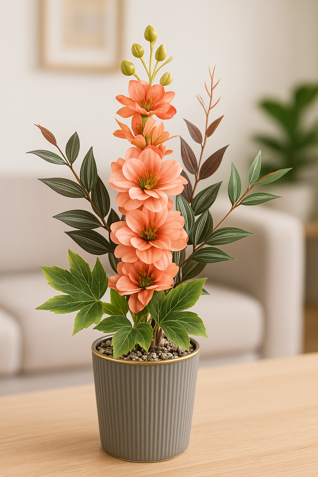 Elegant Faux Gladiolus & Mixed Foliage Arrangement in Ribbed Gold-Trimmed Pot
