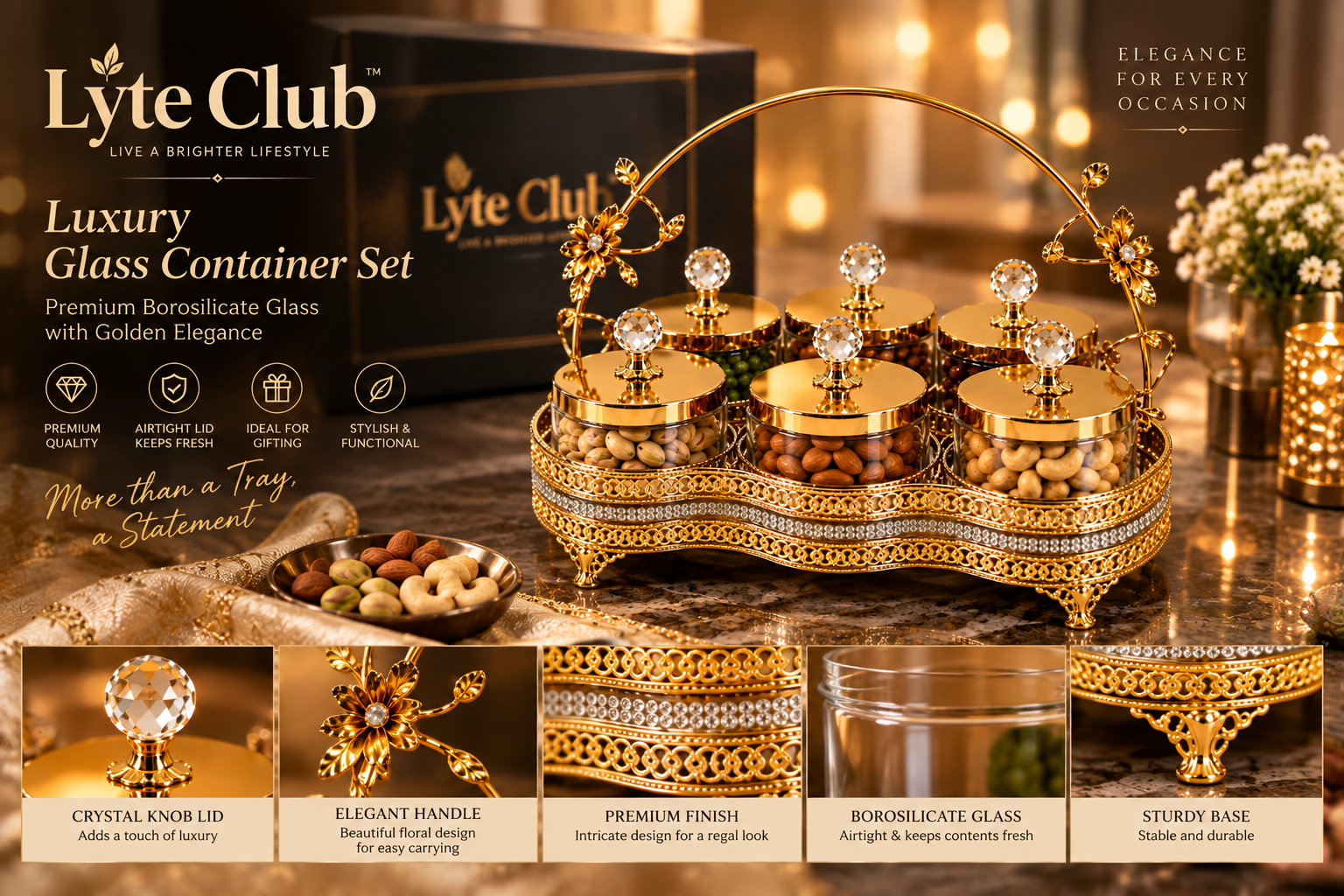 Lyte Club Premium 6-Piece Dry Fruit Box with Golden Serving Tray
