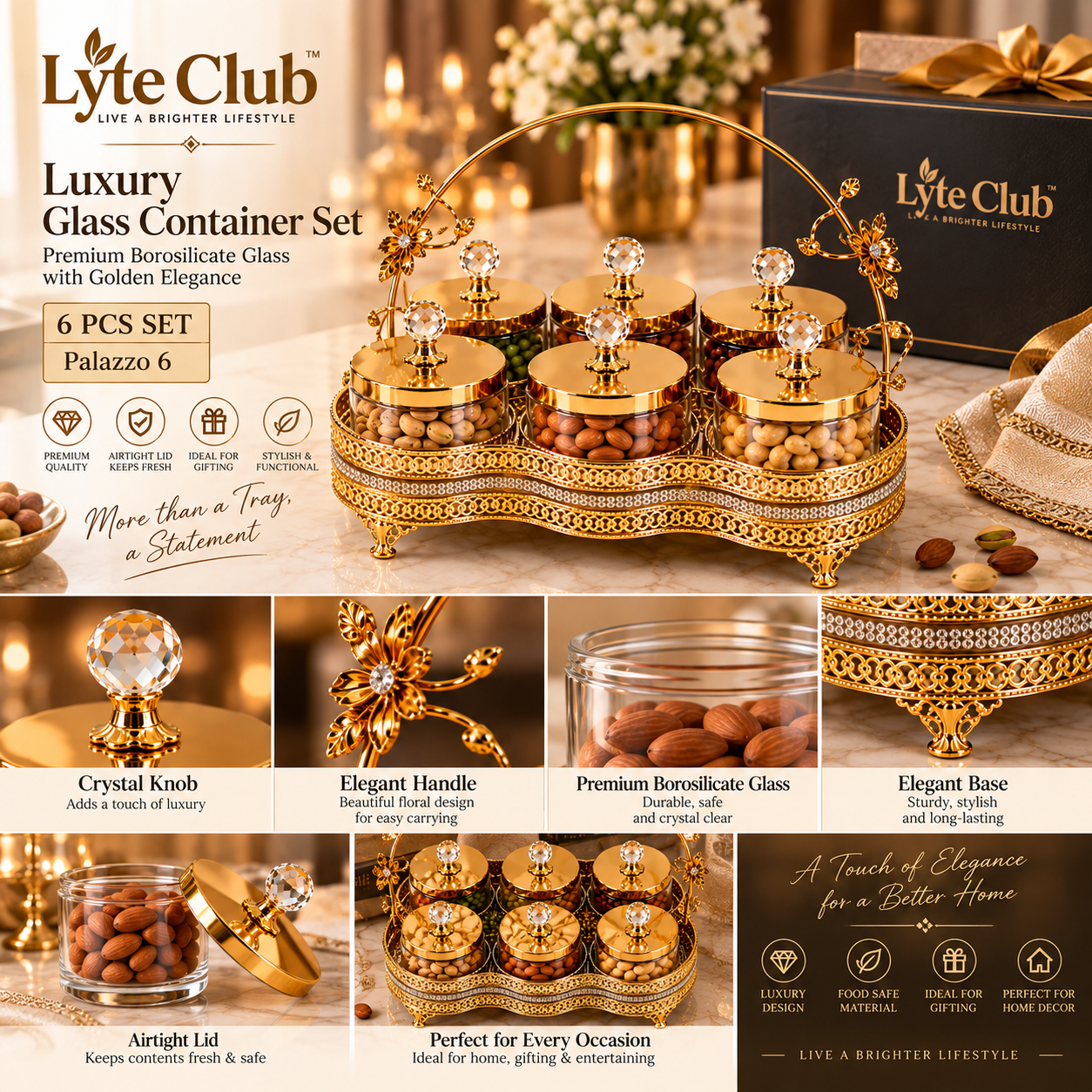 Lyte Club Premium 6-Piece Dry Fruit Box with Golden Serving Tray