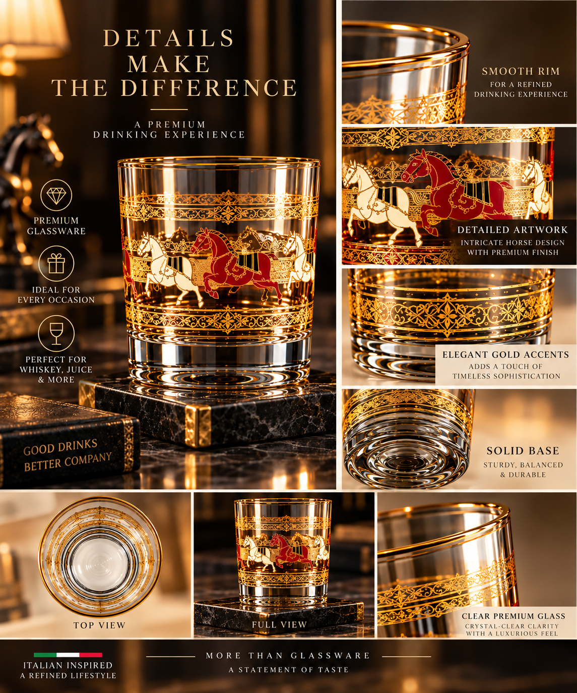 Lyte Club Premium Horse Motif Drinking Glass Set with Gift Box