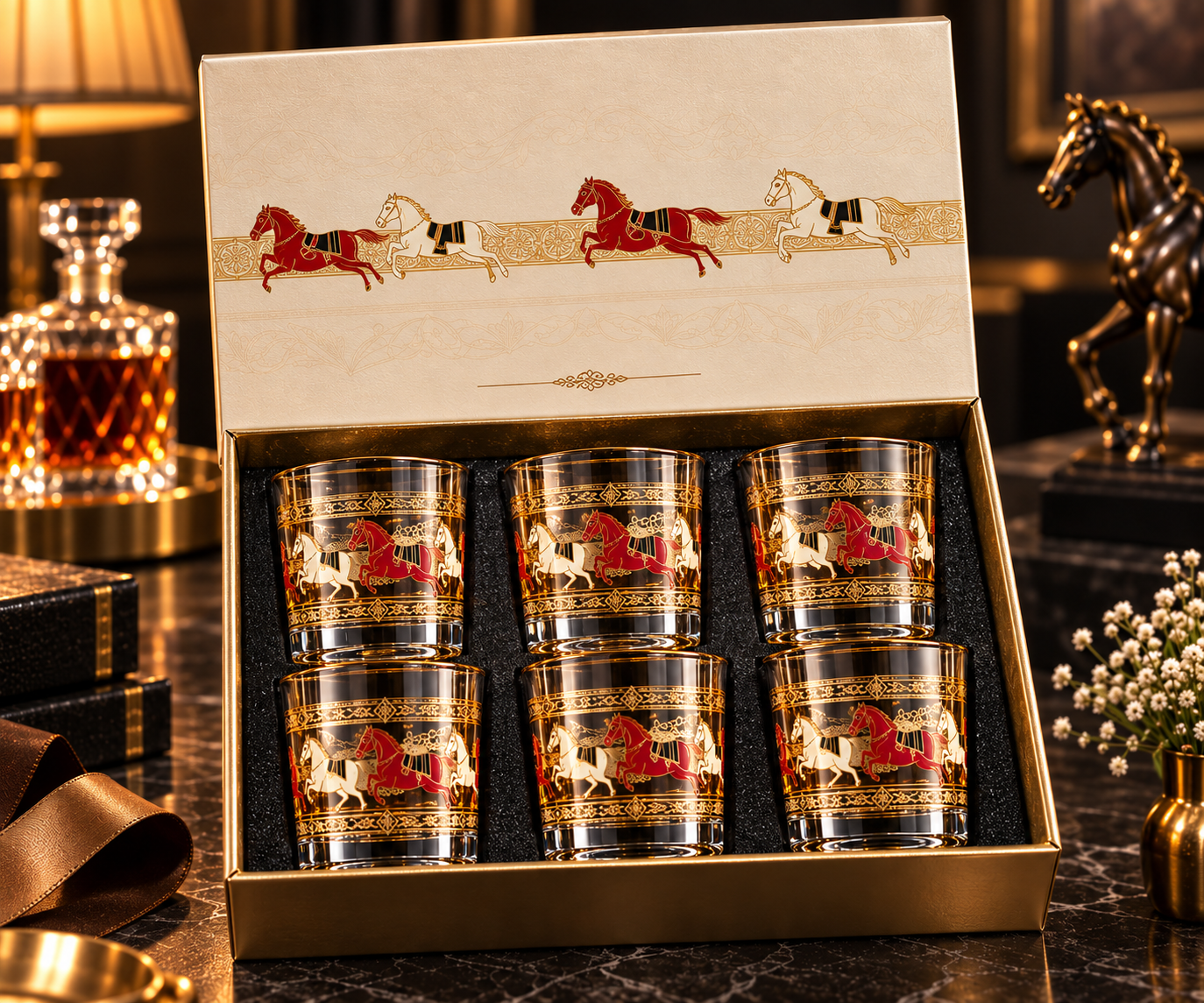 Lyte Club Premium Horse Design Glass Tumbler Set with Gift Box