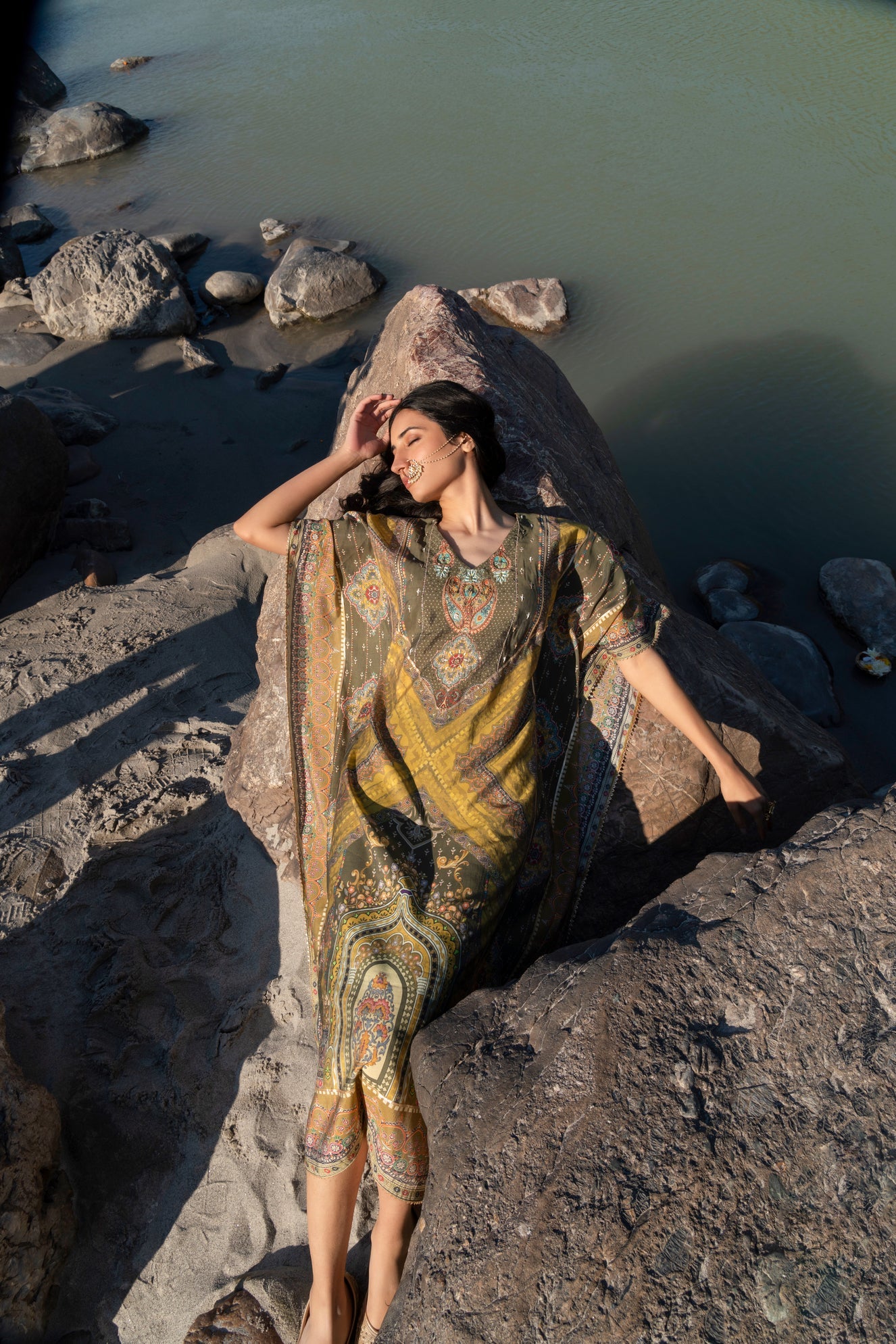 Ladies Mehendi Green Printed Pure Viscose Handwork Kaftan Dress Free Size