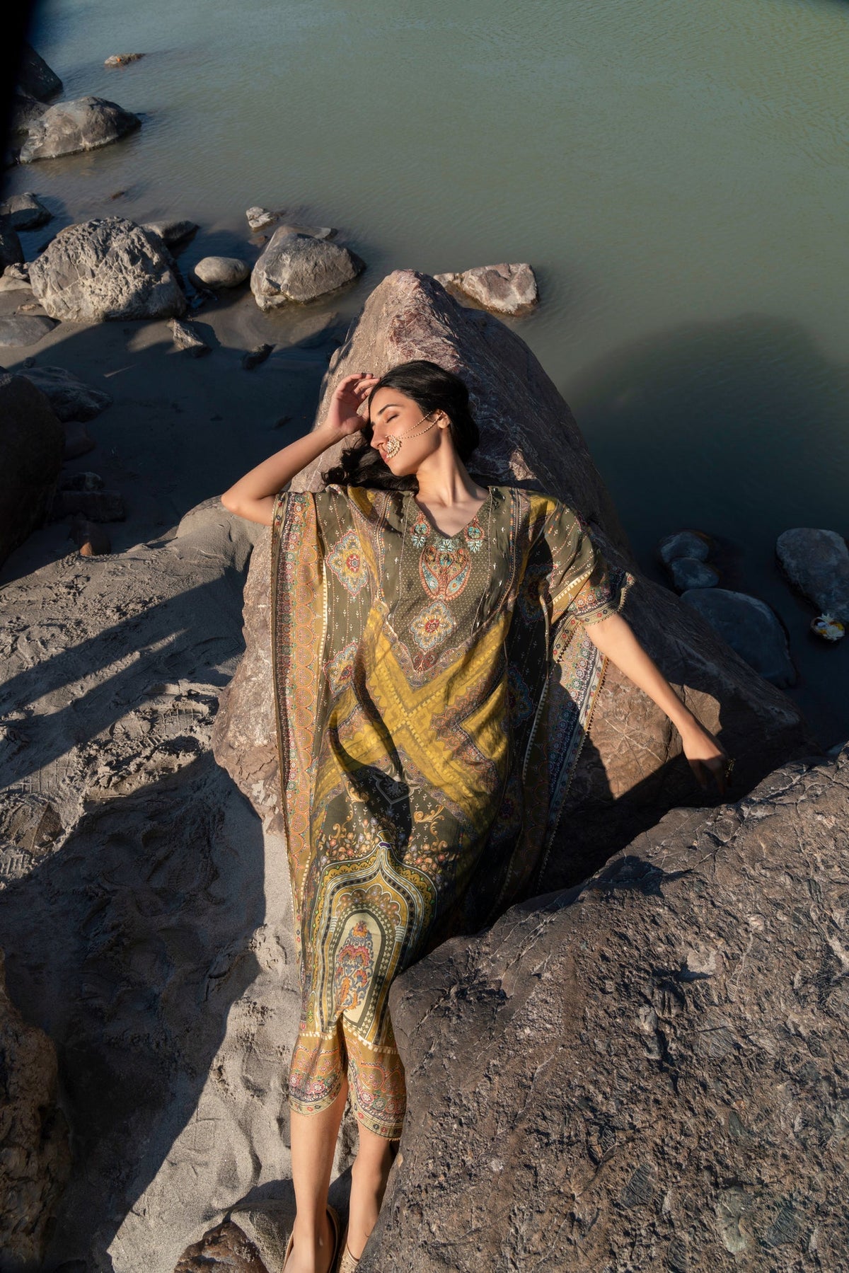 Ladies Mehendi Green Printed Pure Viscose Handwork Kaftan Dress Free Size