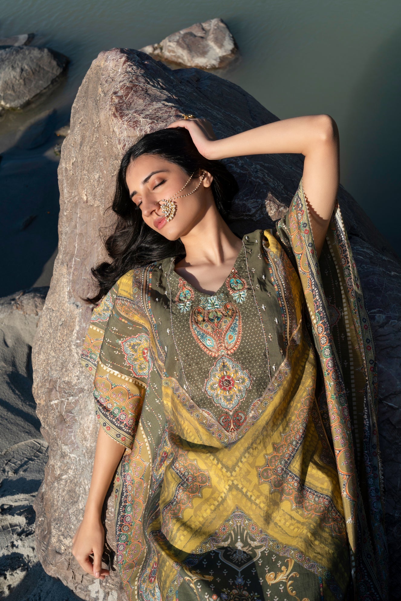 Ladies Mehendi Green Printed Pure Viscose Handwork Kaftan Dress Free Size