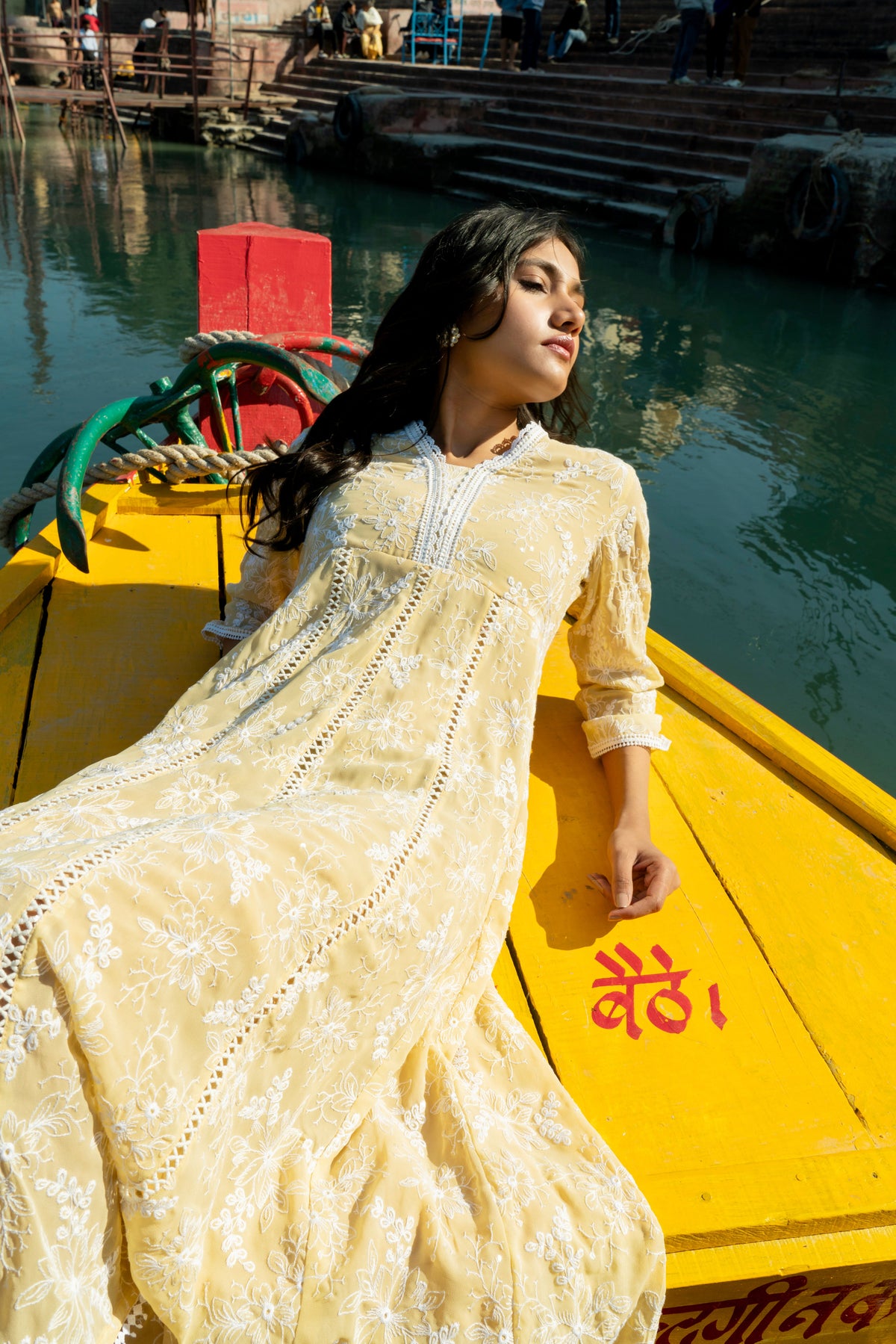 Ladies Pastel Yellow Faux Georgette Anarkali Kurti With Lace & Embroidery