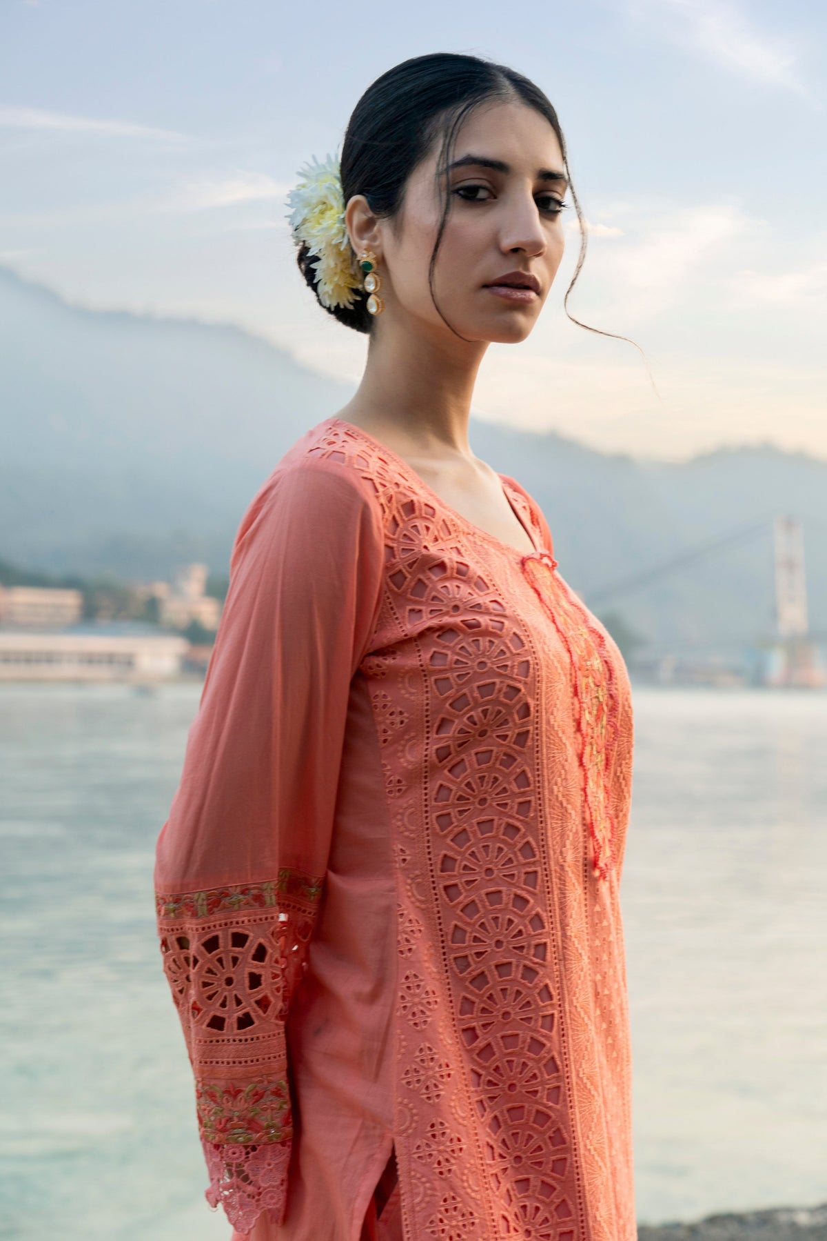 Ladies Peach Cotton Schiffli Embroidered Kurta With Lace Detailing