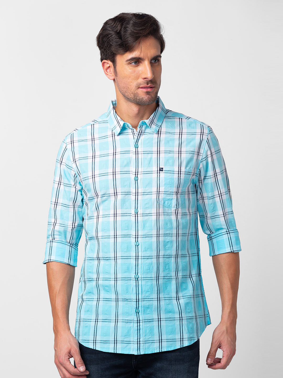 Men Sky Blue Cotton Slim Fit Checkered Shirt