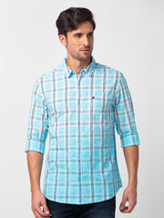 Men Sky Blue Cotton Slim Fit Checkered Shirt
