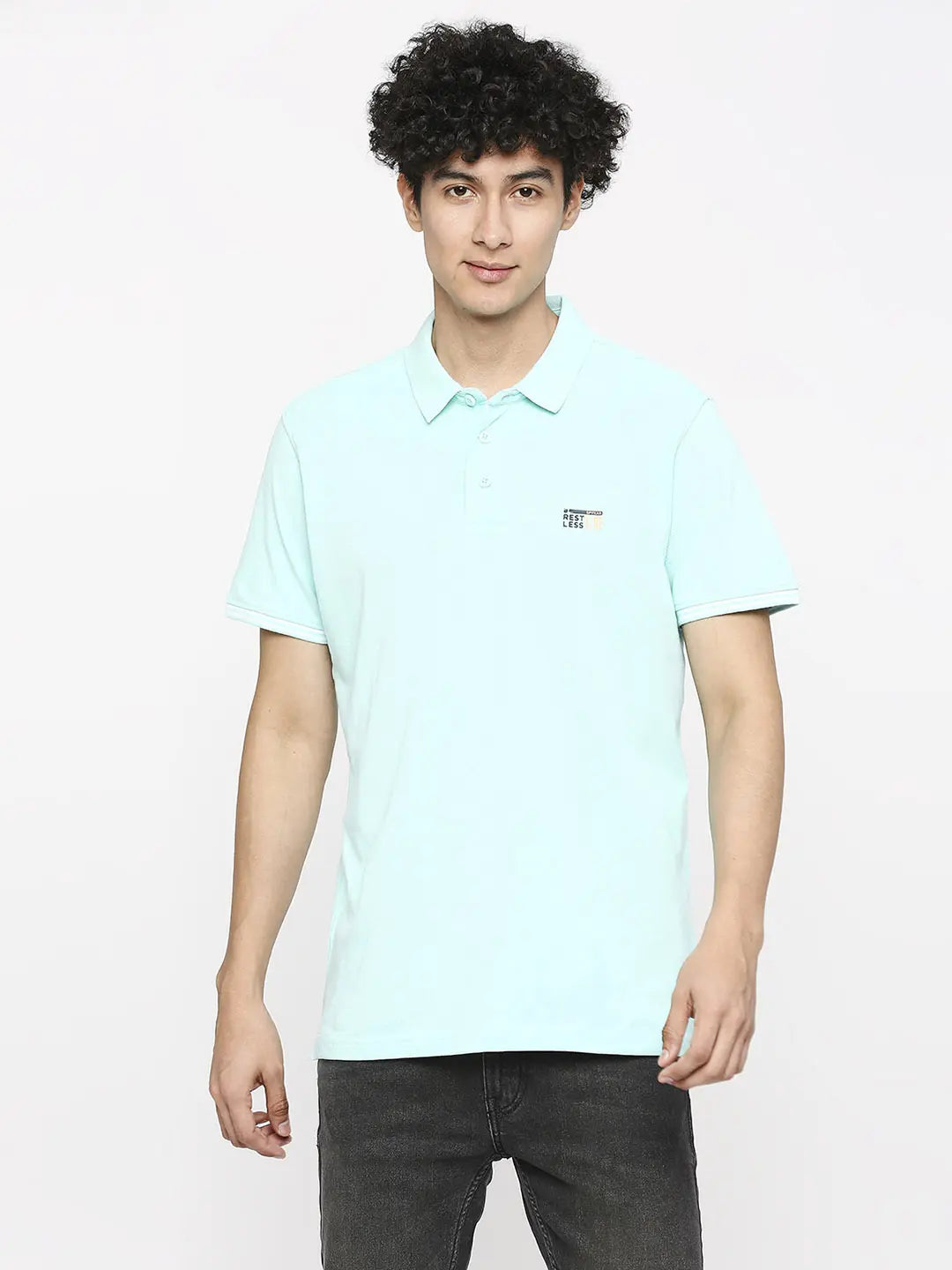 Men Bleached Aqua Cotton Slim Fit Polo Neck Plain T-Shirt