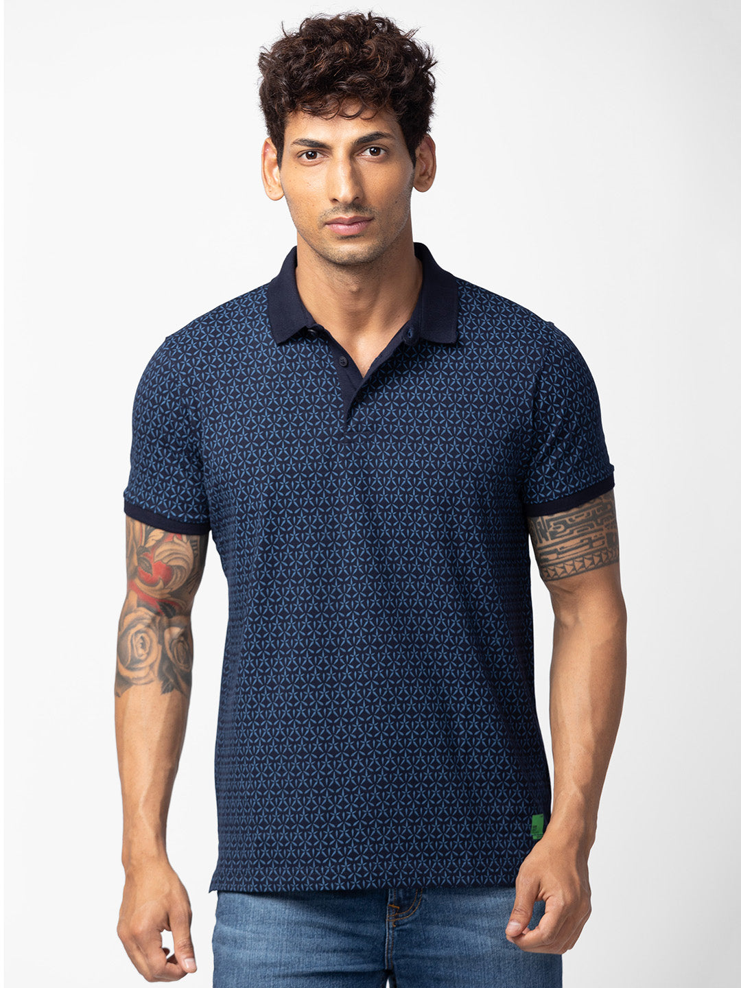 Men Navy Blue Cotton Regular Fit Half Sleeve Printed Polo T-Shirt