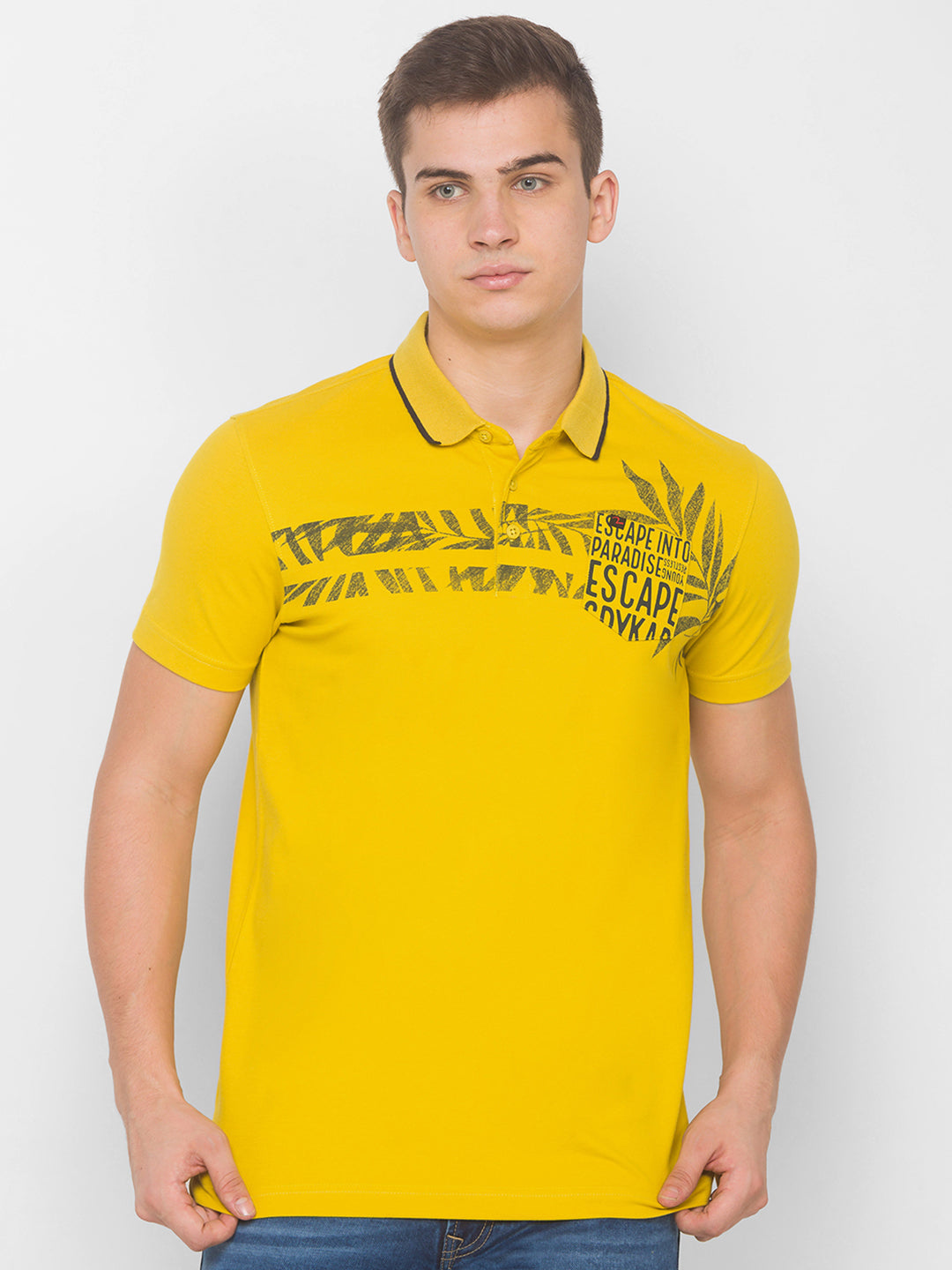 Men Yellow Cotton Slim Fit Round Neck T-Shirt