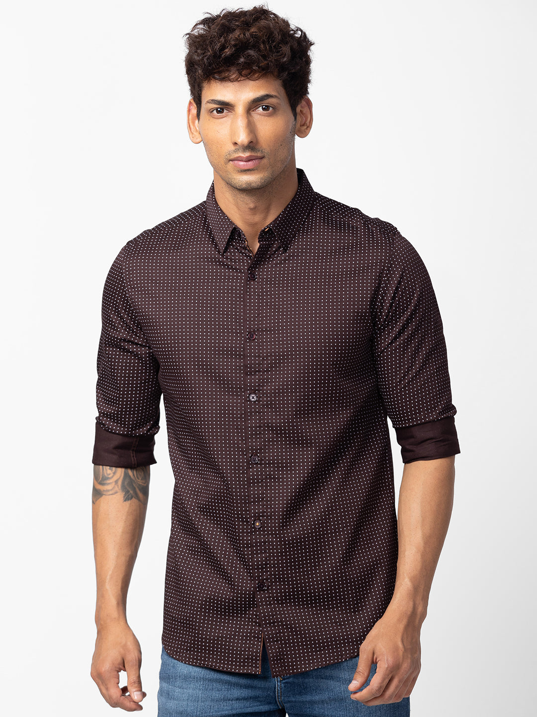Men Coffee Brown Cotton Slim Fit Printed Shirt